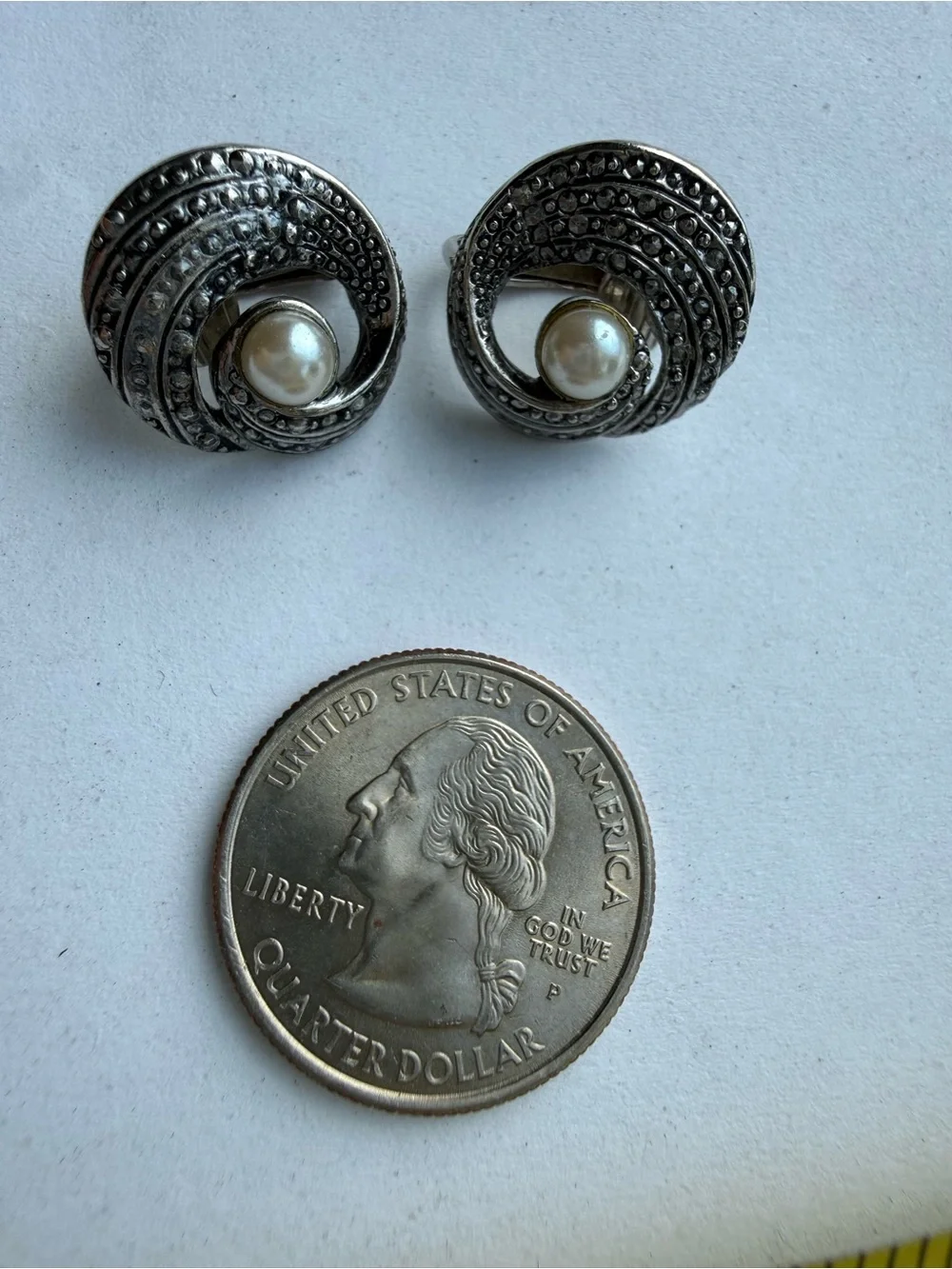 Elegant Silver Tone and Pearl Earrings, Clip On